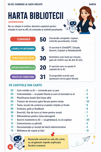 50 de comenzi AI gata făcute pentru profesori — pagină din interior